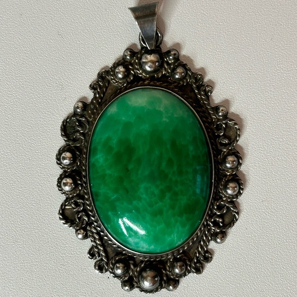Vintage Large Signed Mexico Taxco Sterling Silver 925 Green Agate Stone - Picture 1 of 7